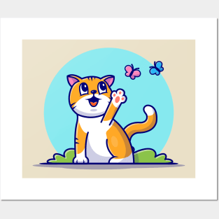 Cute Cat With Butterfly Cartoon Vector Icon Illustration Posters and Art